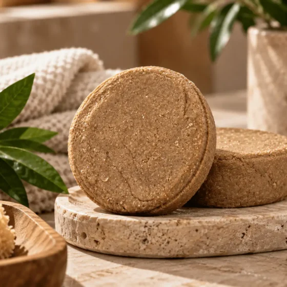 Barras de belleza de avena coloidal sobre una base de piedra con vegetación