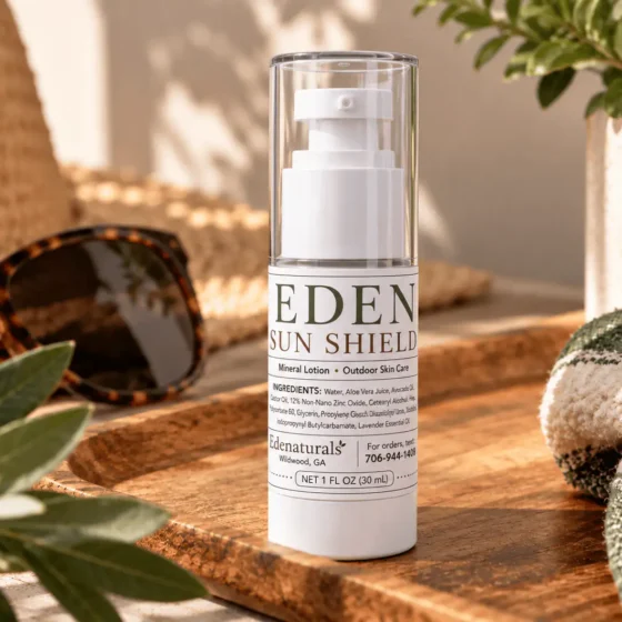 Frasco de loción mineral Eden Sun Shield en un entorno cálido e iluminado por el sol