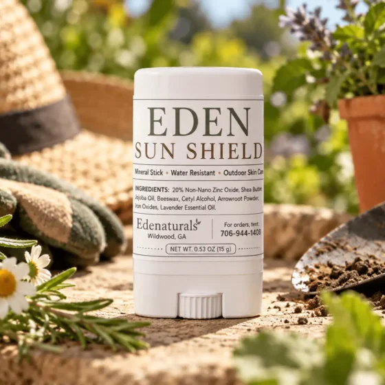 Barra mineral Eden Sun Shield en un jardín soleado