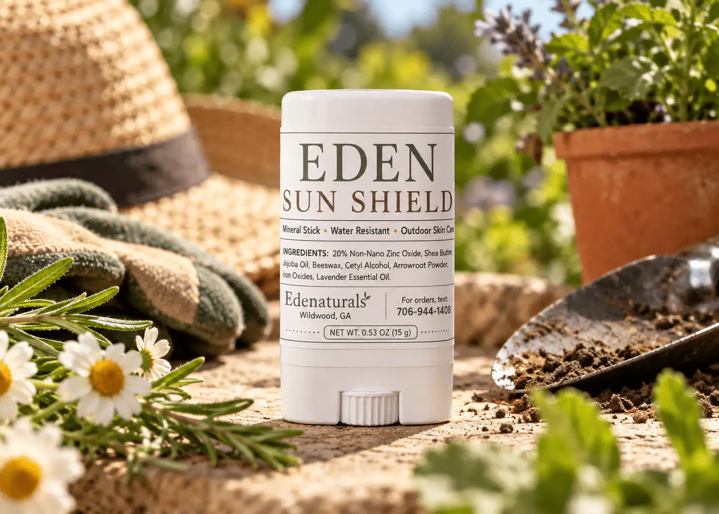 Barra mineral Eden Sun Shield en un jardín soleado