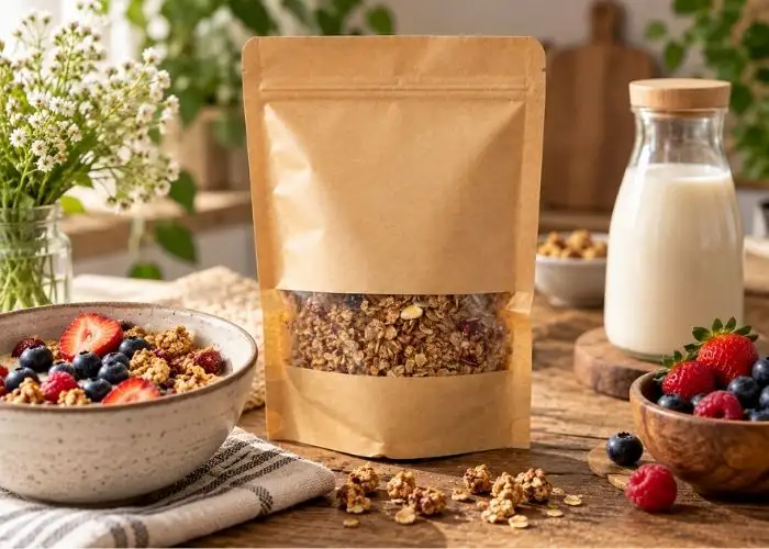Granola Eden con frutos rojos y un envase de papel kraft