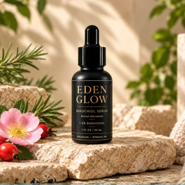 Frasco de sérum Eden Glow con bakuchiol, rodeado de rosa mosqueta y romero bajo luz cálida